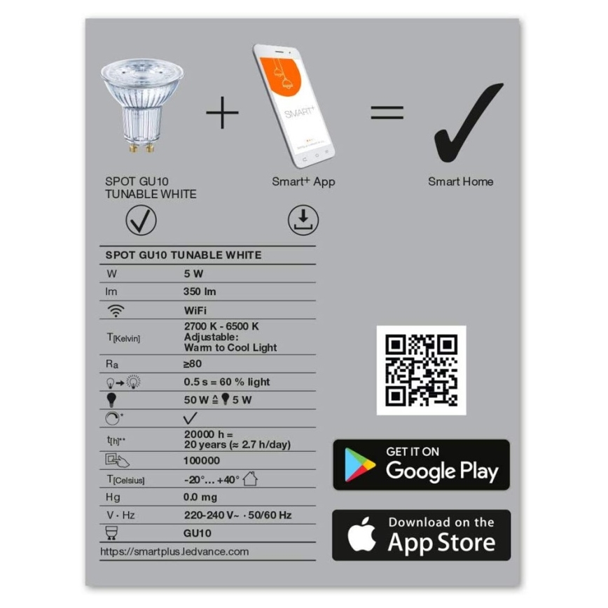 Himmennettevä LED-polttimo SMART+ GU10/5W/230V 2700K-6500K Wi-Fi - Ledvance