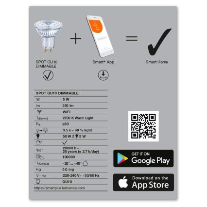 Himmennettevä LED-polttimo SMART+ GU10/5W/230V 2700K Wi-Fi - Ledvance