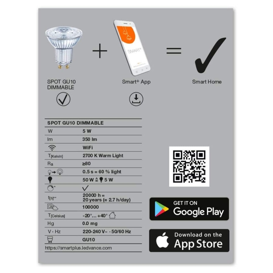 Himmennettevä LED-polttimo SMART+ GU10/5W/230V 2700K Wi-Fi - Ledvance