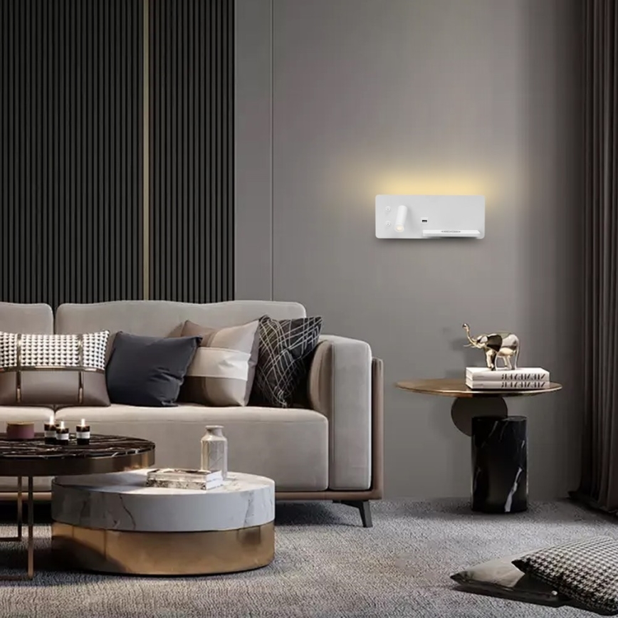 Immax 08285L - LED Seinävalaisin hyllyllä, USB-portilla ja langattomalla latauksella Be PREPARE LED/3W/230V + LED/3W valkoinen