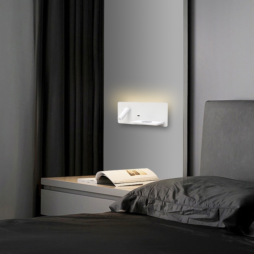 Immax 08285L - LED Seinävalaisin hyllyllä, USB-portilla ja langattomalla latauksella Be PREPARE LED/3W/230V + LED/3W valkoinen