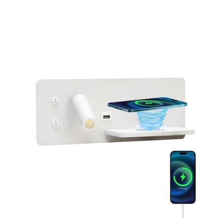 Immax 08285L - LED Seinävalaisin hyllyllä, USB-portilla ja langattomalla latauksella Be PREPARE LED/3W/230V + LED/3W valkoinen