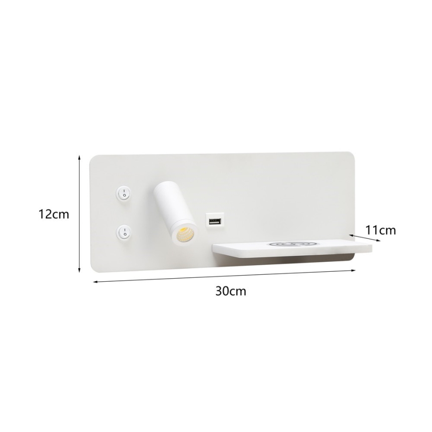 Immax 08285L - LED Seinävalaisin hyllyllä, USB-portilla ja langattomalla latauksella Be PREPARE LED/3W/230V + LED/3W valkoinen