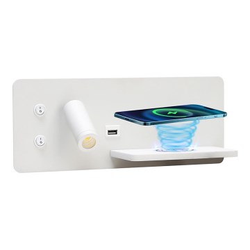 Immax 08285L - LED Seinävalaisin hyllyllä, USB-portilla ja langattomalla latauksella Be PREPARE LED/3W/230V + LED/3W valkoinen
