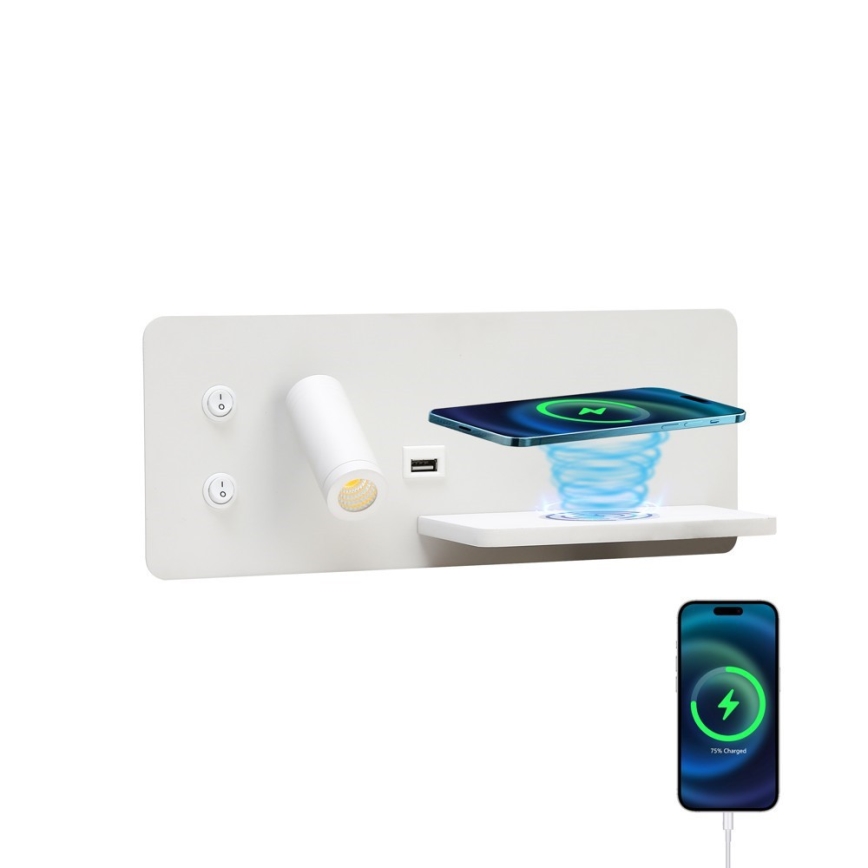 Immax 08285L - LED-seinävalaisin hyllyllä, USB-portilla ja langattomalla latauksella Be PREPARE LED/3W/230V + LED/3W valkoinen