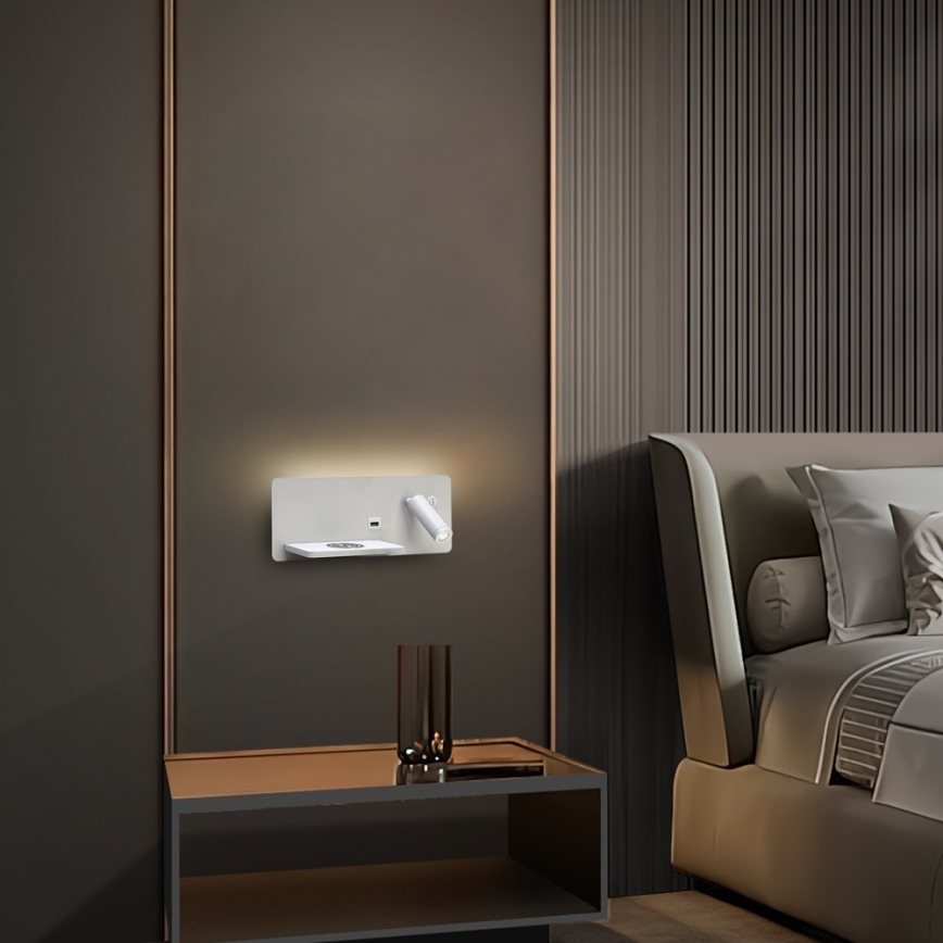 Immax 08286L - LED Seinävalaisin hyllyllä, USB-portilla ja langattomalla latauksella Be PREPARE LED/3W/230V + LED/3W valkoinen