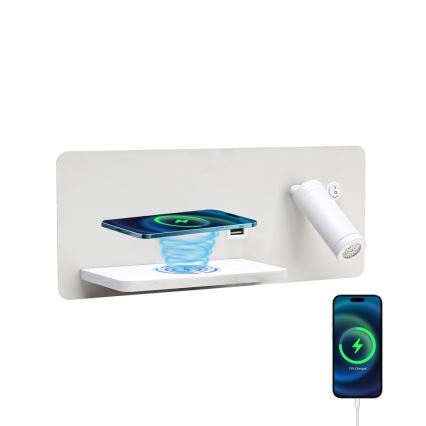 Immax 08286L - LED Seinävalaisin hyllyllä, USB-portilla ja langattomalla latauksella Be PREPARE LED/3W/230V + LED/3W valkoinen