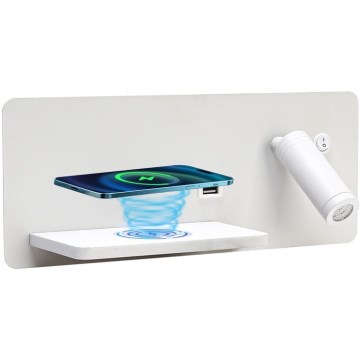Immax 08286L - LED Seinävalaisin hyllyllä, USB-portilla ja langattomalla latauksella Be PREPARE LED/3W/230V + LED/3W valkoinen