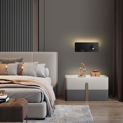Immax 08288L - LED Seinävalaisin hyllyllä, USB-portilla ja langattomalla latauksella Be PREPARE LED/3W/230V + LED/3W musta