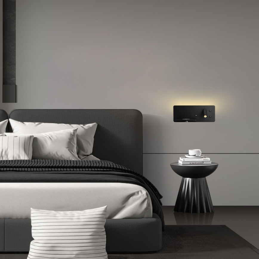 Immax 08288L - LED Seinävalaisin hyllyllä, USB-portilla ja langattomalla latauksella Be PREPARE LED/3W/230V + LED/3W musta