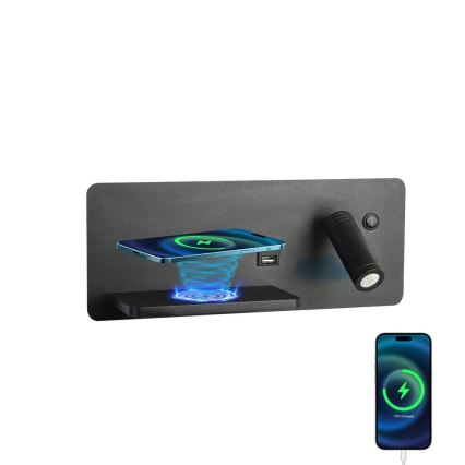 Immax 08288L - LED Seinävalaisin hyllyllä, USB-portilla ja langattomalla latauksella Be PREPARE LED/3W/230V + LED/3W musta