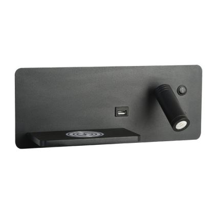Immax 08288L - LED Seinävalaisin hyllyllä, USB-portilla ja langattomalla latauksella Be PREPARE LED/3W/230V + LED/3W musta