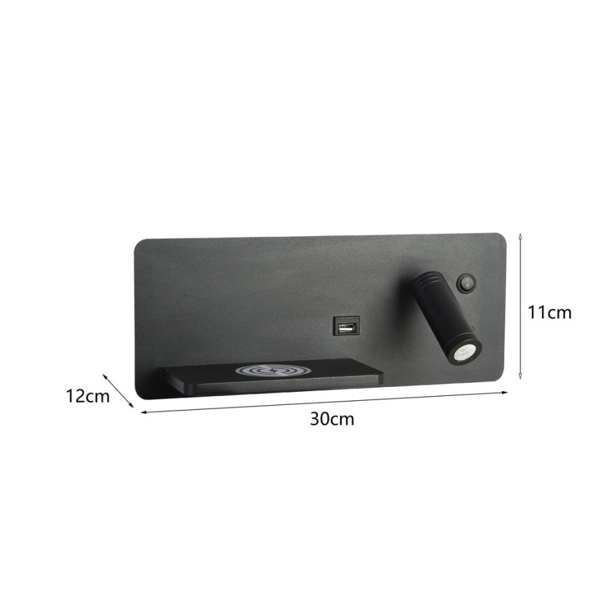 Immax 08288L - LED Seinävalaisin hyllyllä, USB-portilla ja langattomalla latauksella Be PREPARE LED/3W/230V + LED/3W musta