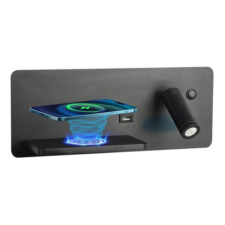 Immax 08288L - LED Seinävalaisin hyllyllä, USB-portilla ja langattomalla latauksella Be PREPARE LED/3W/230V + LED/3W musta