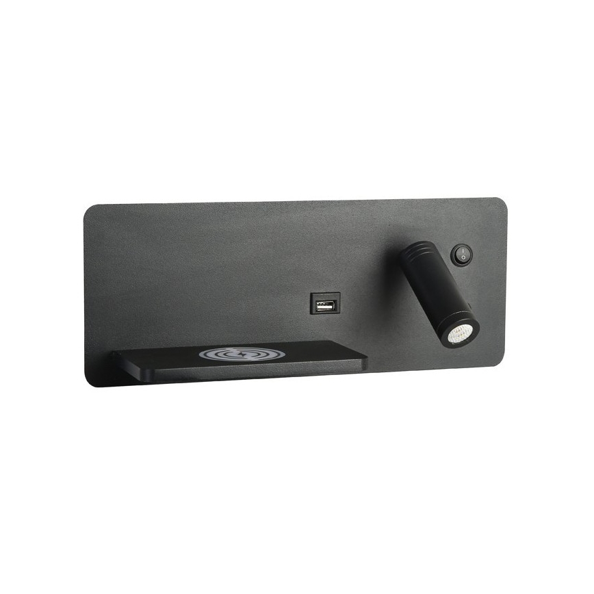 Immax 08288L - LED-seinävalaisin hyllyllä, USB-portilla ja langattomalla latauksella Be PREPARE LED/3W/230V + LED/3W musta