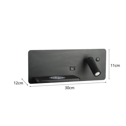 Immax 08288L - LED-seinävalaisin hyllyllä, USB-portilla ja langattomalla latauksella Be PREPARE LED/3W/230V + LED/3W musta