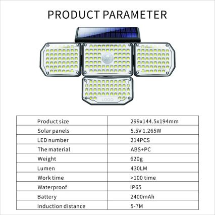 LED aurinkokenno seinävalaisin anturilla LED/5W/5,5V IP65