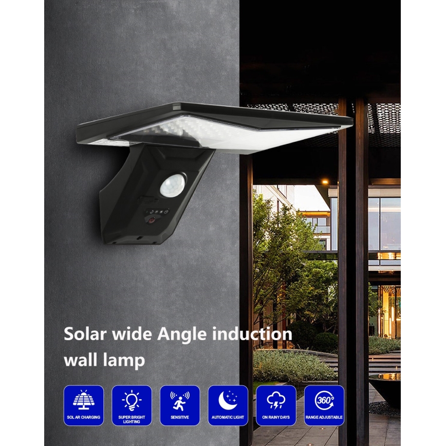 LED-seinäaurinkovalaisin anturilla LED/2,6W/5,5V IP65 musta