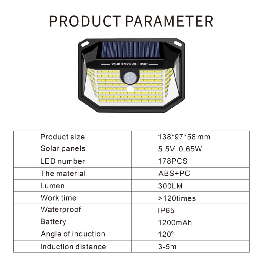 LED aurinkokenno seinävalo anturilla LED/4W/5,5V IP65