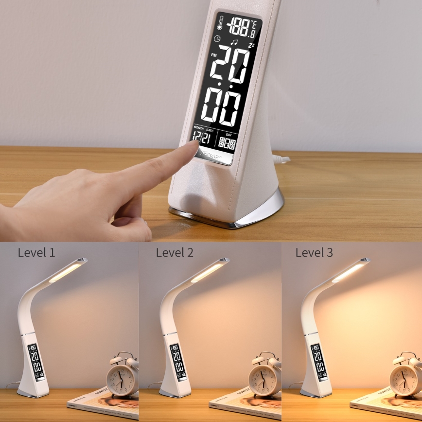 LED Himmennettävä pöytävalaisin näytöllä LEATHER LED/7W/230V valkoinen