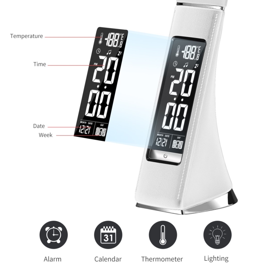 LED Himmennettävä pöytävalaisin näytöllä LEATHER LED/7W/230V valkoinen