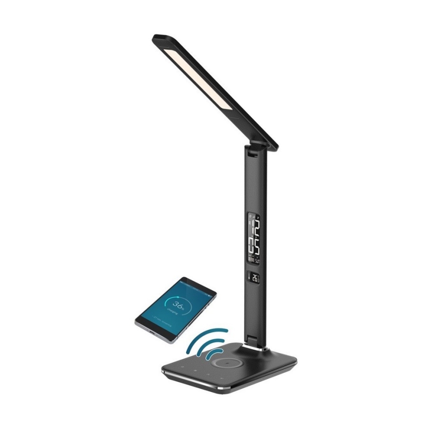 LED himmennettävä pöytävalaisin langattomalla QI-latauksella ja USB-liitännällä KINGFISHER LED/8,5W/230V musta