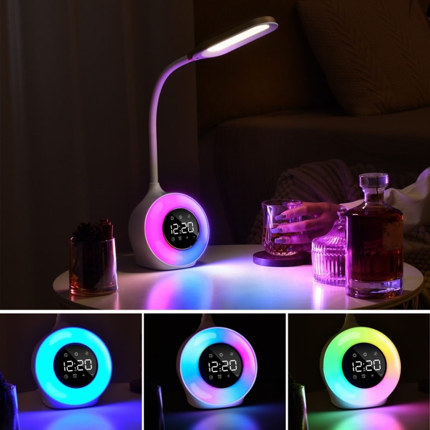 LED RGBW Himmennettävä pöytävalaisin kanssa Herätyskello FALCON LED/10W/12V