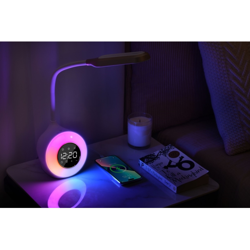 LED RGBW Himmennettävä pöytävalaisin kanssa Herätyskello FALCON LED/10W/12V