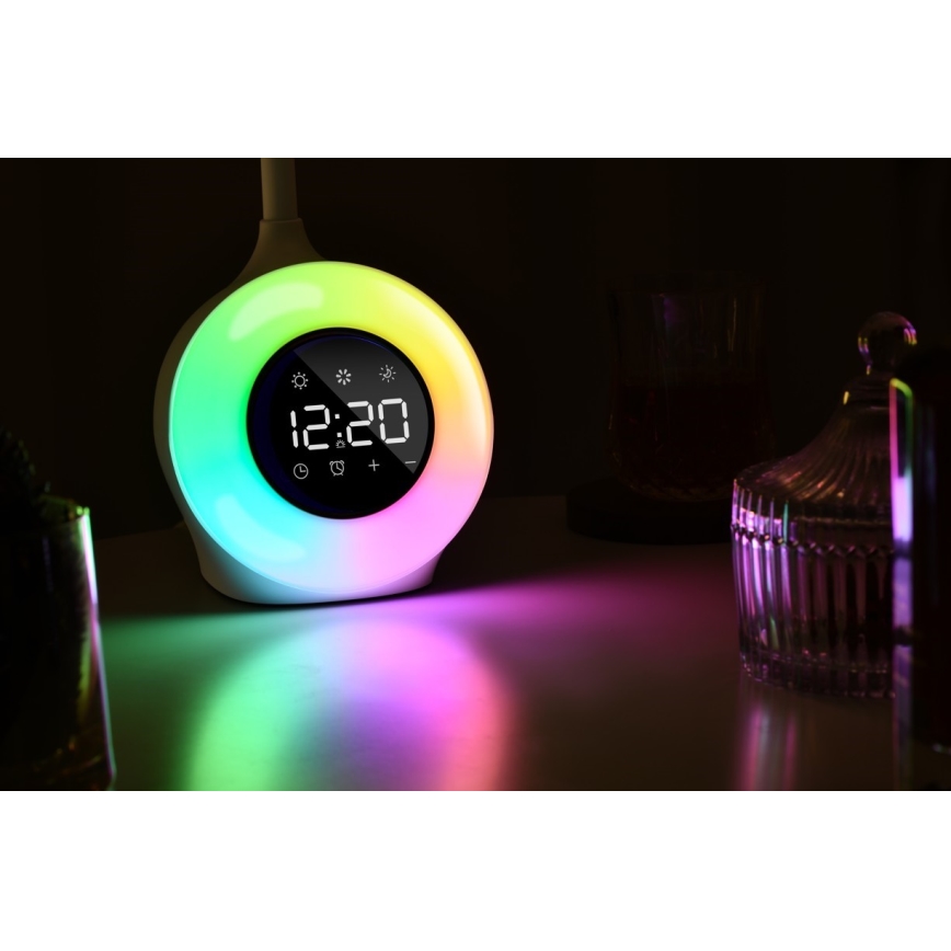 LED RGBW Himmennettävä pöytävalaisin kanssa Herätyskello FALCON LED/10W/12V