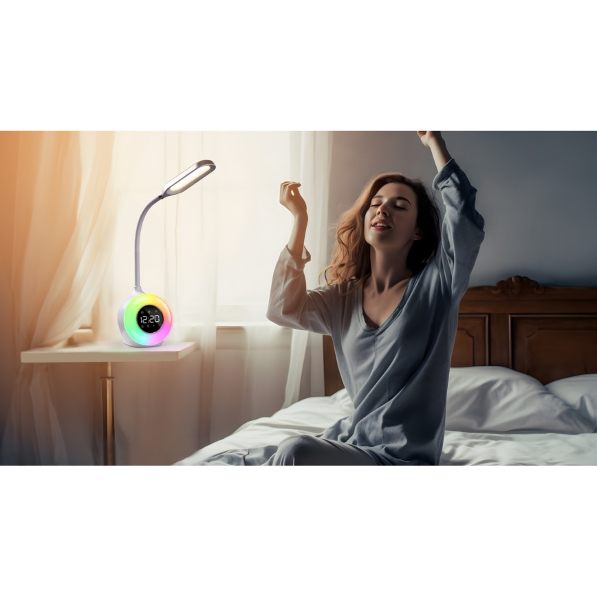 LED RGBW Himmennettävä pöytävalaisin kanssa Herätyskello FALCON LED/10W/12V