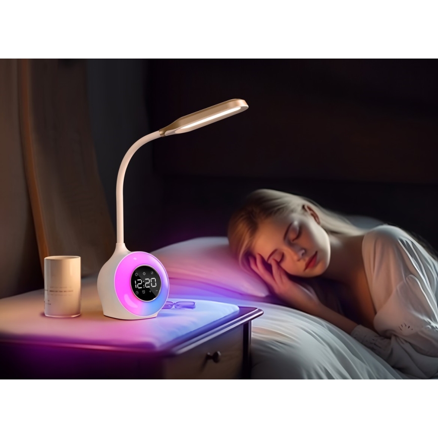 LED RGBW Himmennettävä pöytävalaisin kanssa Herätyskello FALCON LED/10W/12V