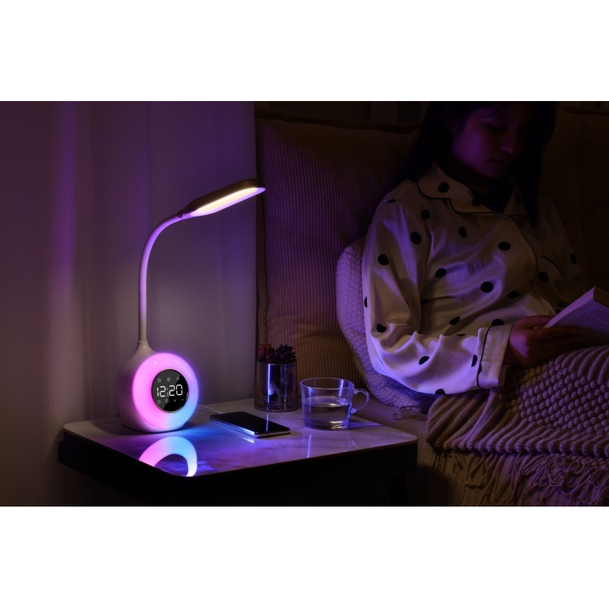 LED RGBW Himmennettävä pöytävalaisin kanssa Herätyskello FALCON LED/10W/12V