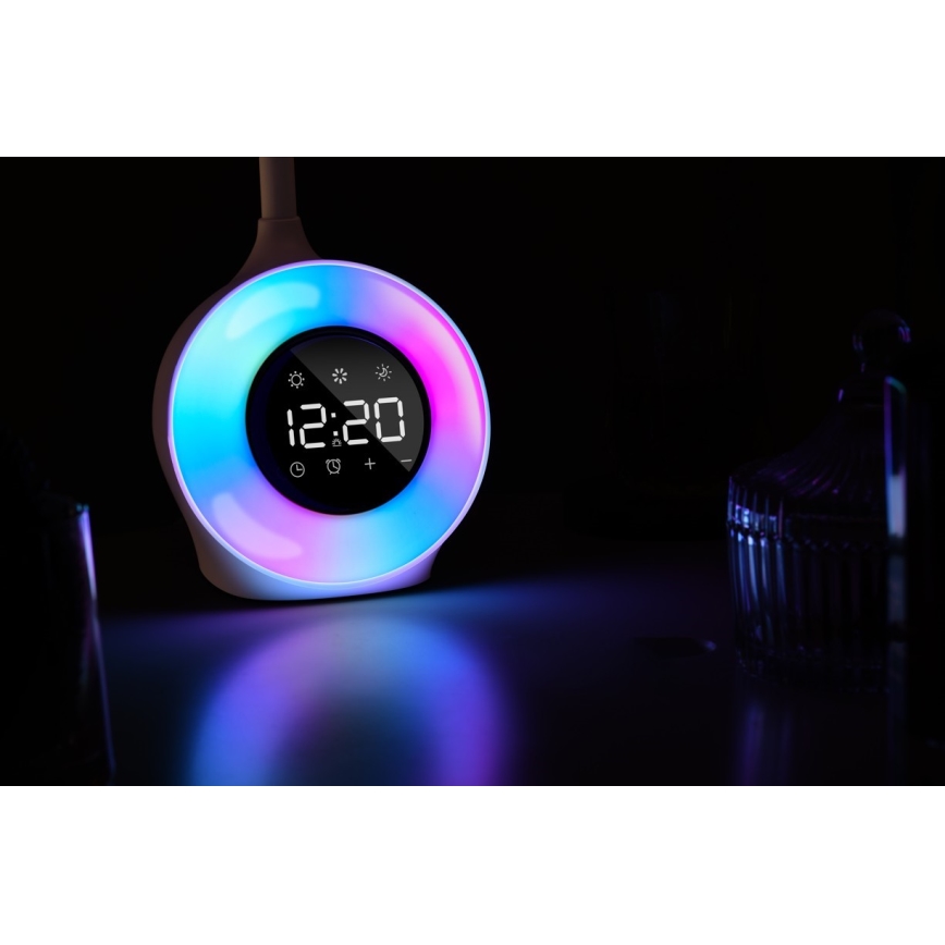 LED RGBW Himmennettävä pöytävalaisin kanssa Herätyskello FALCON LED/10W/12V