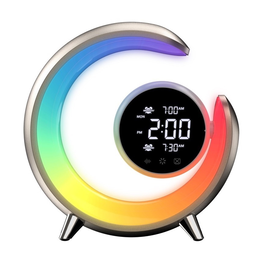 LED RGBW Himmennettävä pöytävalaisin herätyskellolla PEACOCK LED/20W/5V USB