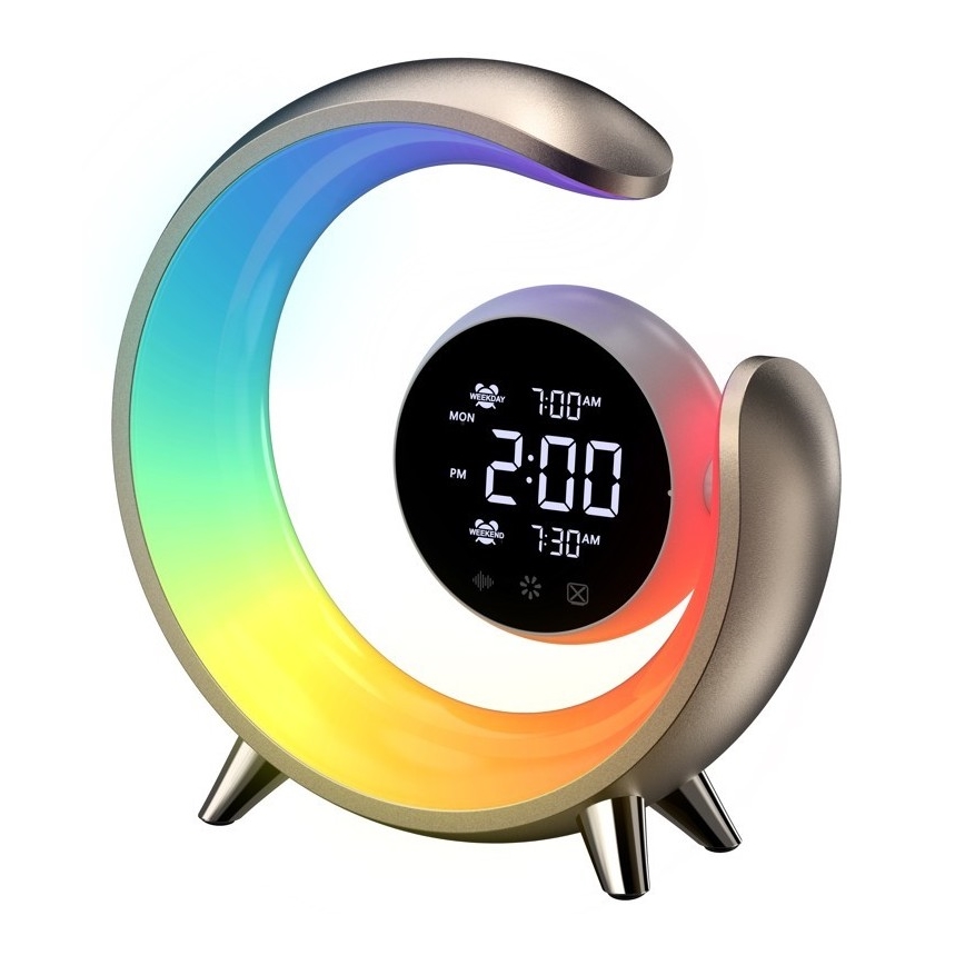 LED RGBW Himmennettävä pöytävalaisin herätyskellolla PEACOCK LED/20W/5V USB