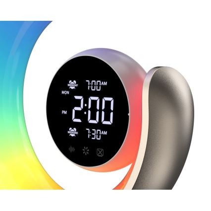 LED RGBW Himmennettävä pöytävalaisin herätyskellolla PEACOCK LED/20W/5V USB