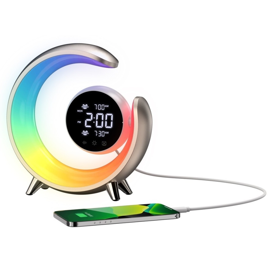 LED RGBW Himmennettävä pöytävalaisin herätyskellolla PEACOCK LED/20W/5V USB