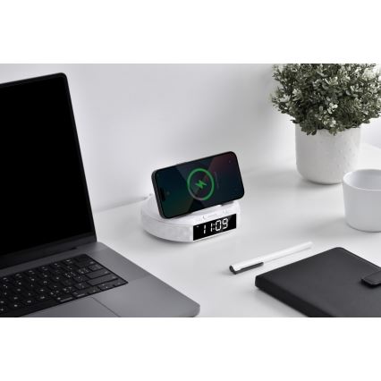 Herätyskello LCD-näytöllä ja langaton Qi charger 27W/9V valkoinen