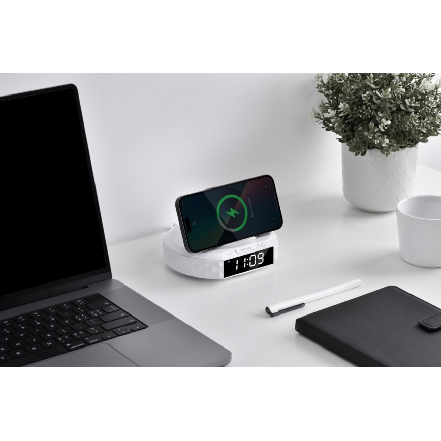 Herätyskello LCD-näytöllä ja langaton Qi charger 27W/9V valkoinen