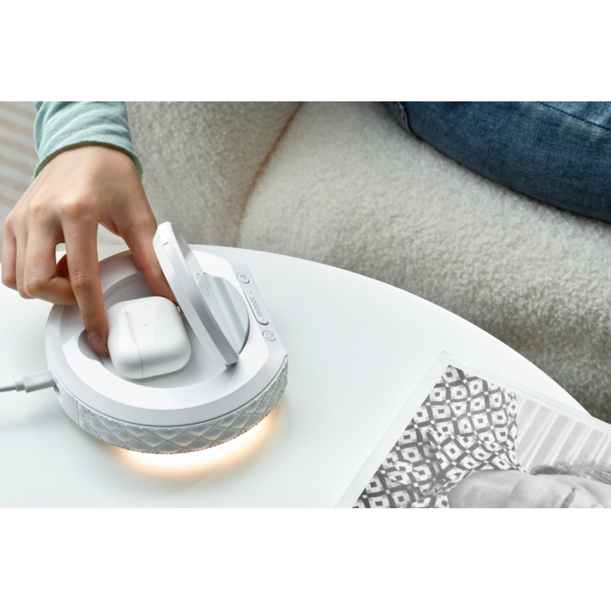 Herätyskello LCD-näytöllä ja langaton Qi charger 27W/9V valkoinen