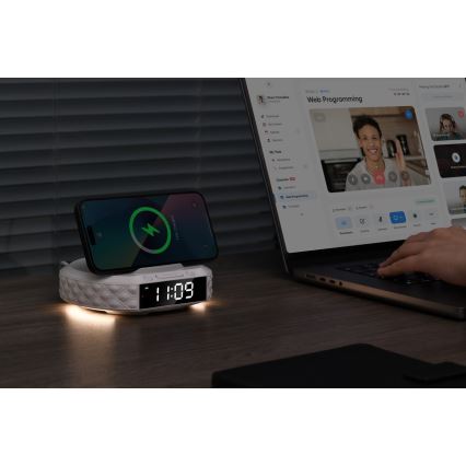 Herätyskello LCD-näytöllä ja langaton Qi charger 27W/9V valkoinen