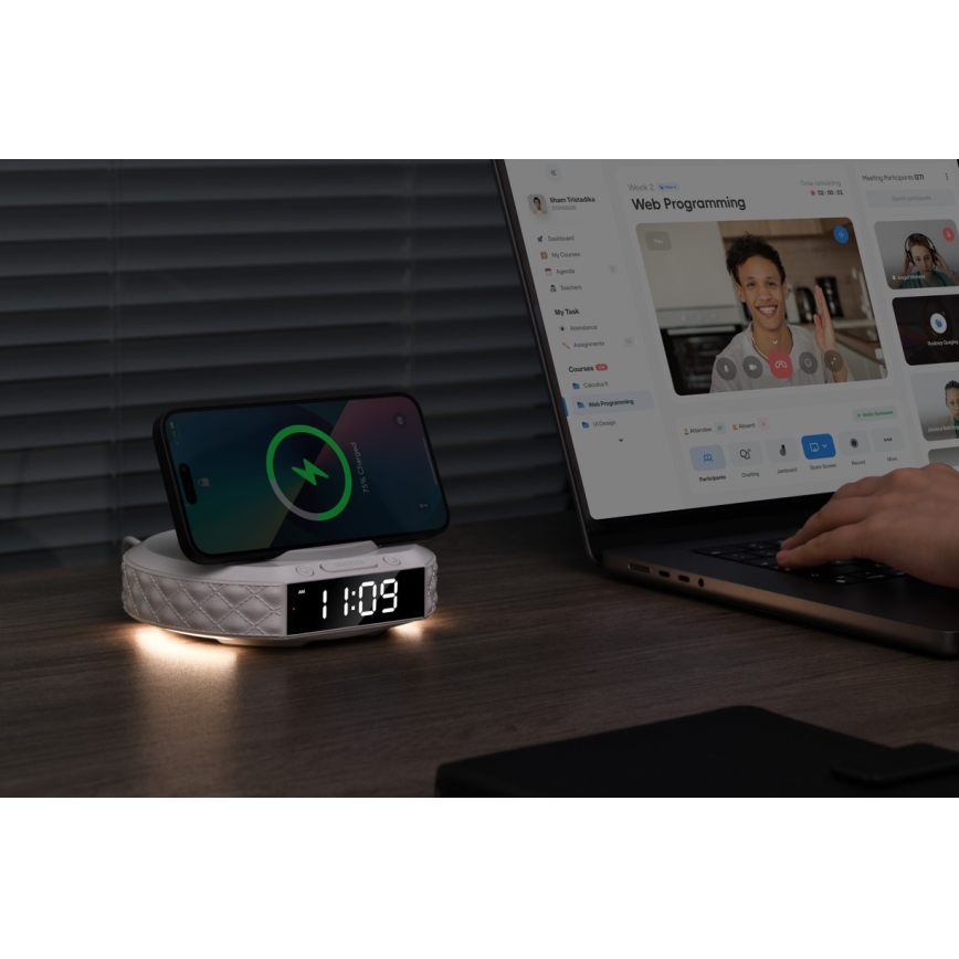 Herätyskello LCD-näytöllä ja langaton Qi charger 27W/9V valkoinen