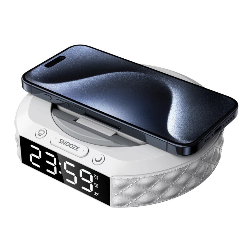Herätyskello LCD-näytöllä ja langaton Qi charger 27W/9V valkoinen