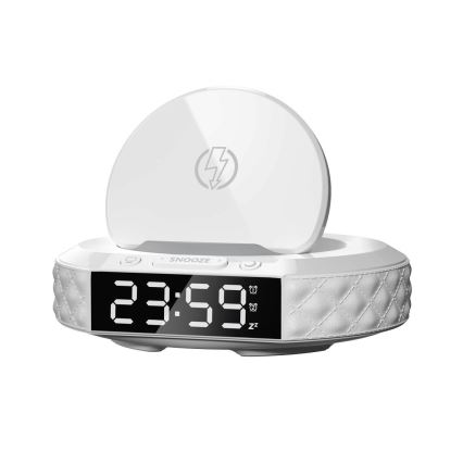 Herätyskello LCD-näytöllä ja langaton Qi charger 27W/9V valkoinen