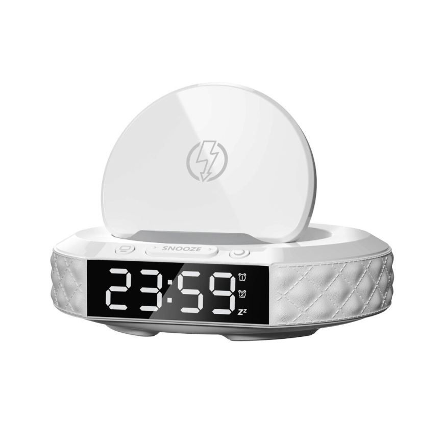 Herätyskello LCD-näytöllä ja langaton Qi charger 27W/9V valkoinen