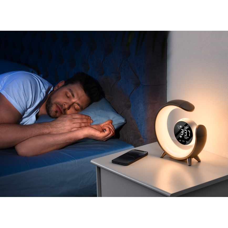 LED RGBW Himmennettävä pöytävalaisin herätyskellolla LED/20W/5V USB hopea