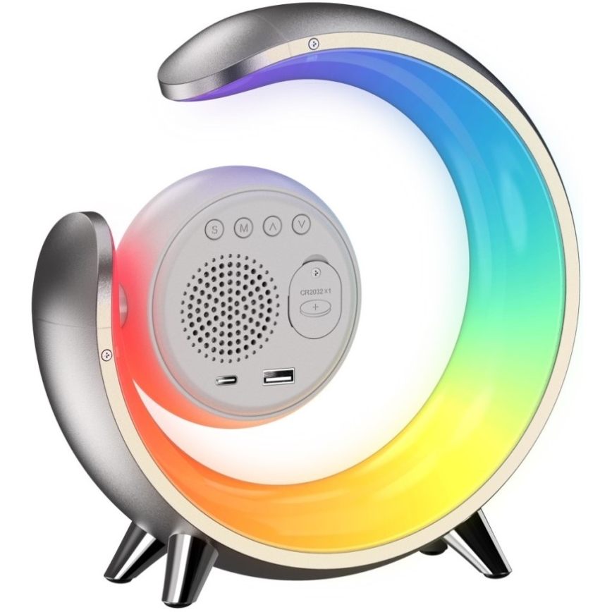 LED RGBW Himmennettävä pöytävalaisin herätyskellolla LED/20W/5V USB hopea