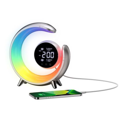 LED RGBW himmennettävä pöytävalaisin herätyskellolla LED/20W/5V USB hopea