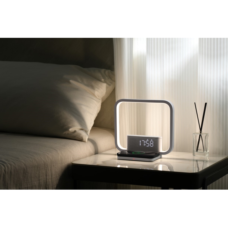 Himmennettävä LED-pöytävalaisin kanssa Herätyskello ja Qi lataus LED/18W/230V valkoinen