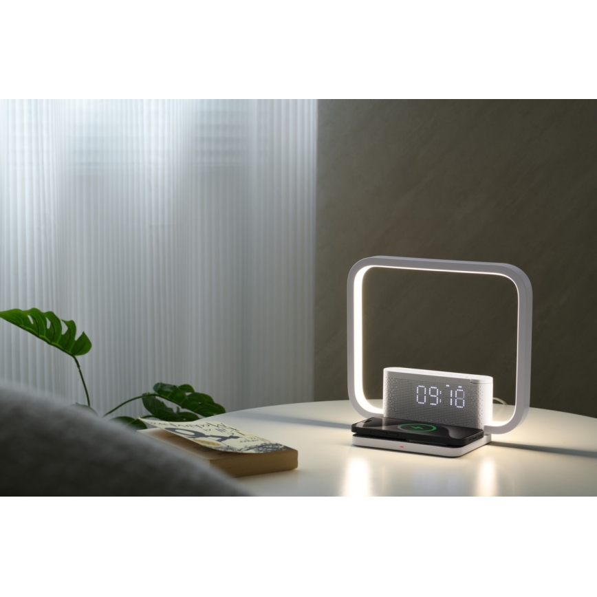 Himmennettävä LED-pöytävalaisin kanssa Herätyskello ja Qi lataus LED/18W/230V valkoinen